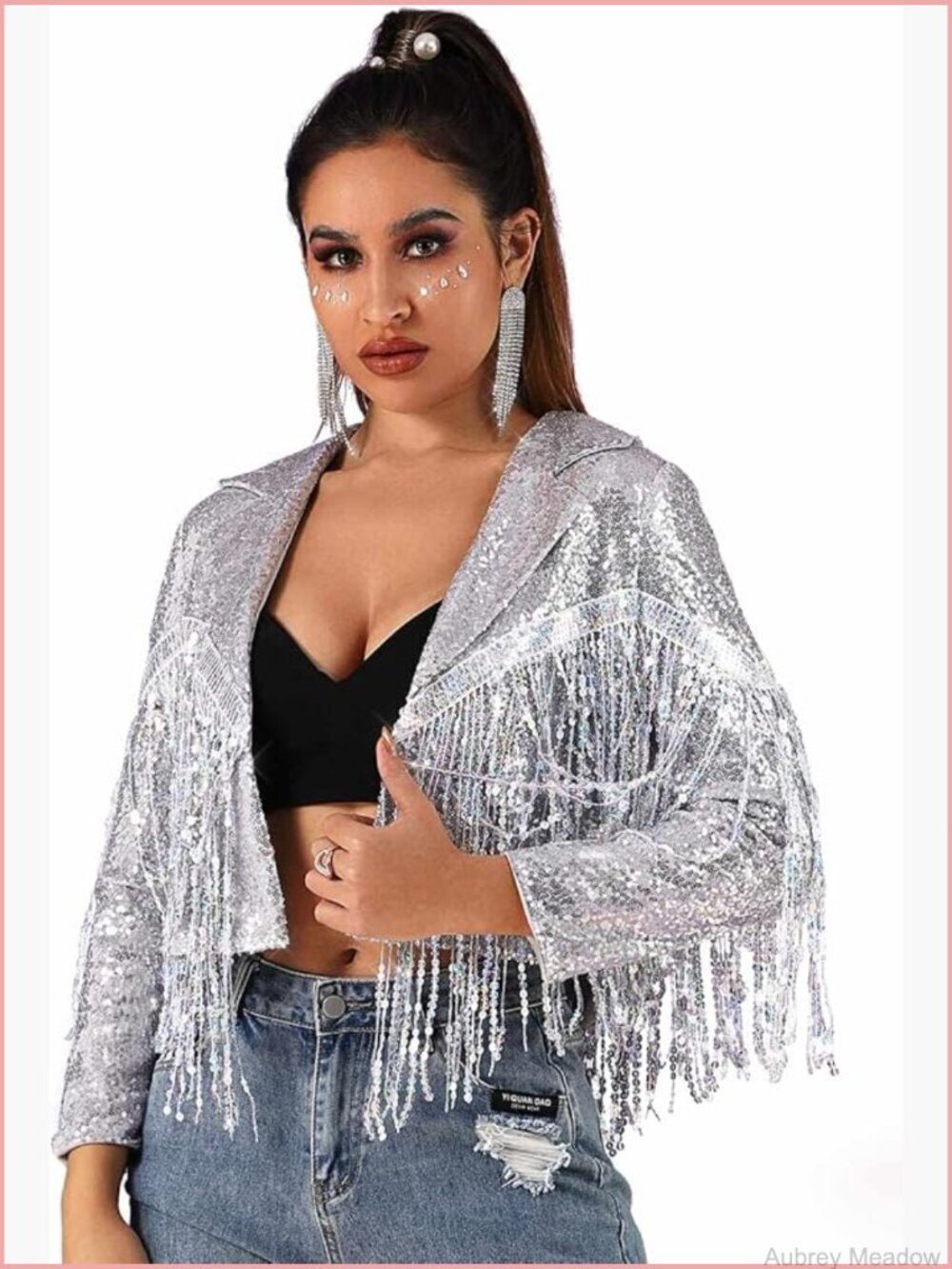 Sequin Fringe Blazer Jacket Sparkly Long Sleeve Tassel Coat Party